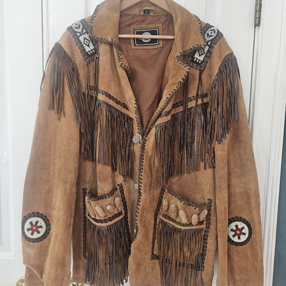 Men's Traditional Cowboy Western Leather Jacket coat With Fringe Bone and Beads - Picture 4 of 5